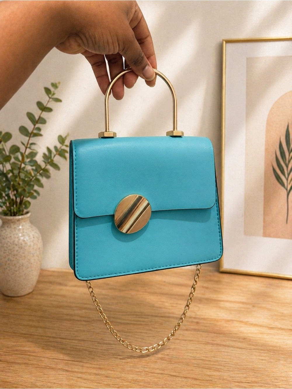 Handheld Turquoise Top-Handle Bag with Gold Accent